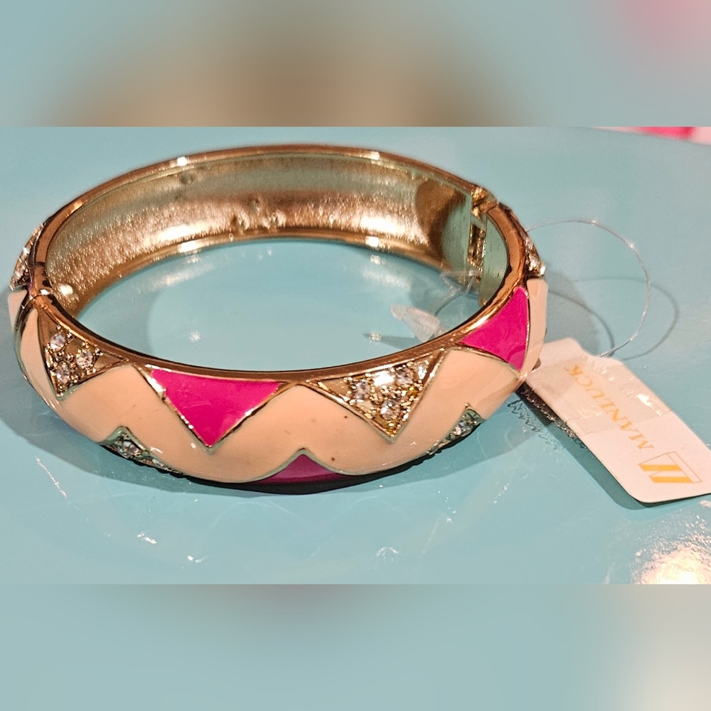 Nordstrom Manluck Pink and Cream Enamel & Crystals Geometric Bracelet NWT